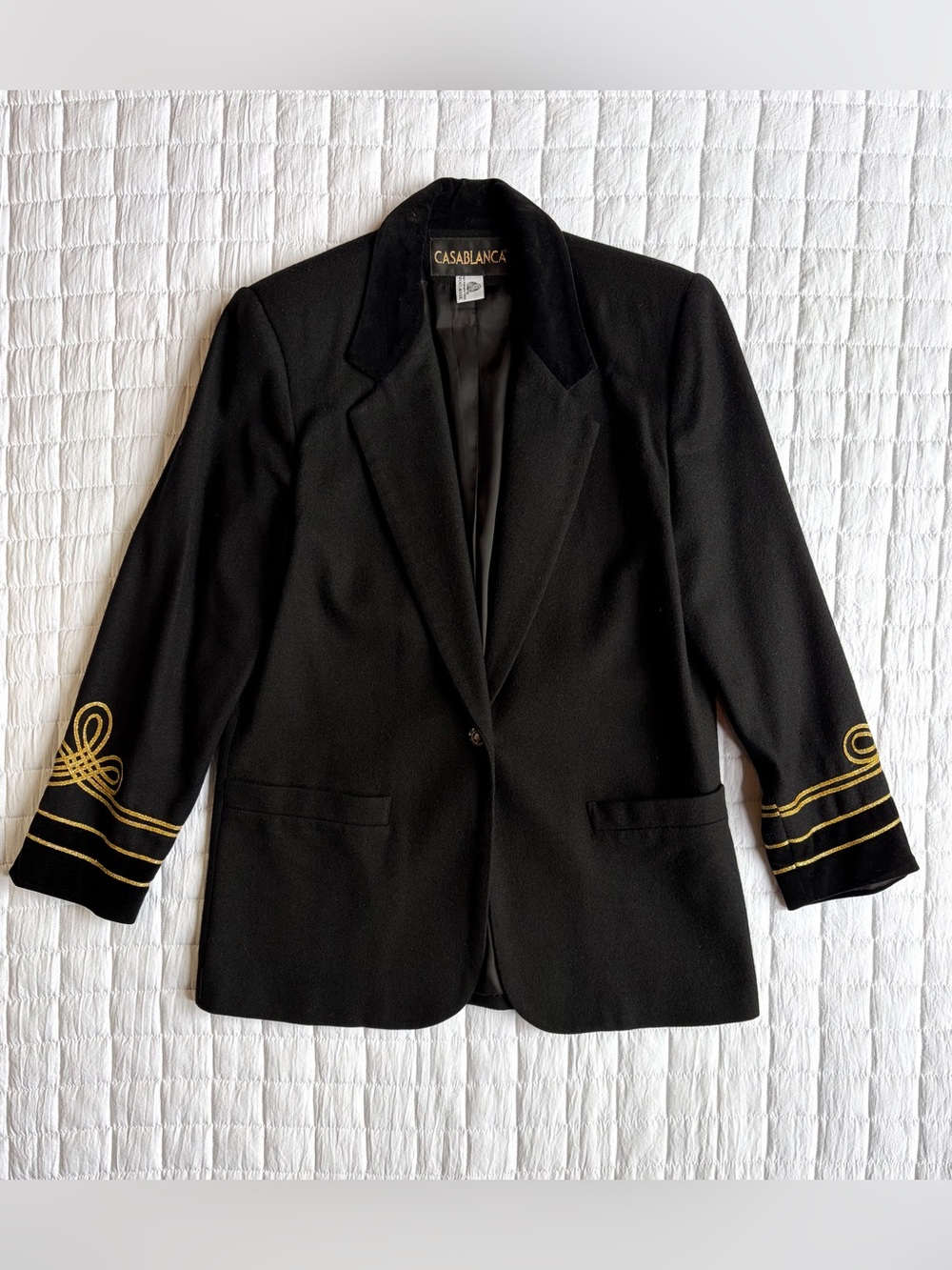 VTG Casablanca Women's Black 100% Wool Blazer Size 6 Gold Accent Sleeve Mob Wife